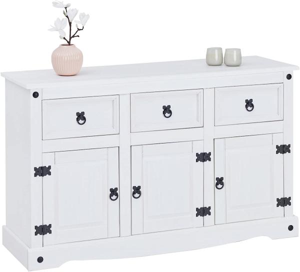 CARO-Möbel Sideboard Rural im Mexiko Stil weiß lasiert Kommode Kiefer massiv mit 3 Schubladen und 3 Türen