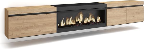 Skraut Home | TV-Schrank, Lowboard | für Wohnzimmer und Esszimmer | 288 x 45 x 35 cm | Für großformatiges TV | Elektrokamin XXL | Hängend | Moderner Stil | Eiche Schwarz