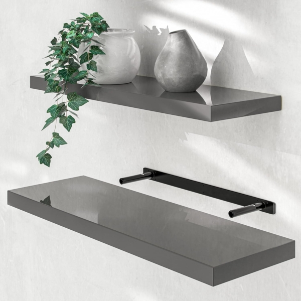 Casaria Wandregal mit Halterung, MDF, Grau / Hochglanz, 70 x 23 x 3,8cm