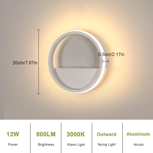 Comely LED Wandleuchte Rund 12W Ø20cm Warmweiß 3000K Modern Aluminium Wandlampe mit Außenring-Licht, Dekorative Wandbeleuchtung für Wohnzimmer Schlafzimmer Flur Treppenhaus Weiß Bild 3