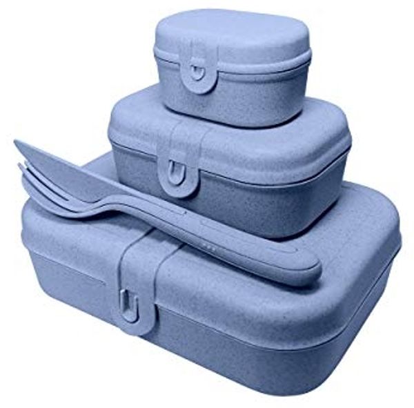 Koziol Lunchbox-Set + Besteck-Set Pascal Ready, Brotdose, Brotbox, Speisegefäß, Thermoplastischer Kunststoff, Organic Blue, 3168671