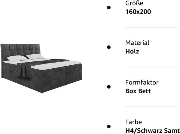 MEBLINI Boxspringbett DRAGO 160x200 cm mit Bettkasten - H4/Schwarz Samt Polsterbett - Doppelbett mit Topper & Taschenfederkern-Matratze Bild 8