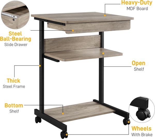 Yaheetech Schreibtisch, Computertisch auf Rollen, Bürotisch mit Tastaturablage und offenem Fach, Industrie-Design, 56 x 51 x 79 cm, für Homeoffice, Arbeitszimmer, Grau Bild 5