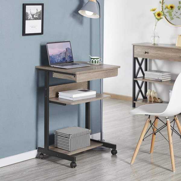 Yaheetech Schreibtisch, Computertisch auf Rollen, Bürotisch mit Tastaturablage und offenem Fach, Industrie-Design, 56 x 51 x 79 cm, für Homeoffice, Arbeitszimmer, Grau Bild 2