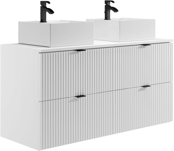 Vente-unique - Waschbeckenunterschrank hängend - Streifenoptik - Weiß matt - Aufsatzwaschbecken eckig - 120 cm - ZEVINI