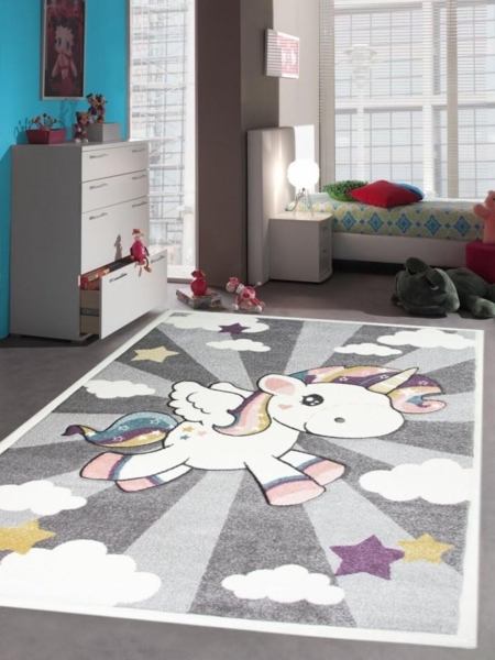 Carpetia Kinderteppich Kinderteppich Babyteppich Mädchen Einhorn Regenbogen rosa creme grau, rund, Höhe: 13 mm