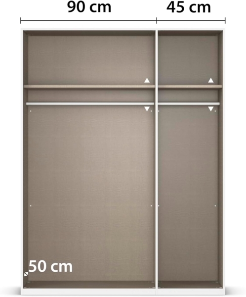 Rauch Möbel Alabama, Kleiderschrank, Garderobenschrank, 3-türig, Spiegel, Zubehör Basic, 2 Kleiderstangen, 2 Einlegeböden, Farbe Weiß/Eiche Artisan, Holz, Griff Grau metallic, 136 x 210 x 54 cm Bild 7
