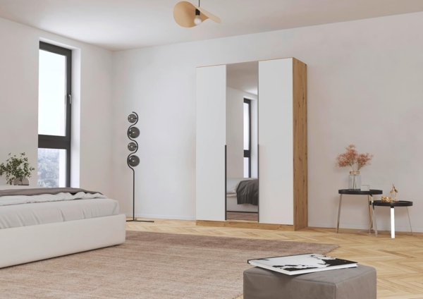 Rauch Möbel Alabama, Kleiderschrank, Garderobenschrank, 3-türig, Spiegel, Zubehör Basic, 2 Kleiderstangen, 2 Einlegeböden, Farbe Weiß/Eiche Artisan, Holz, Griff Grau metallic, 136 x 210 x 54 cm Bild 2