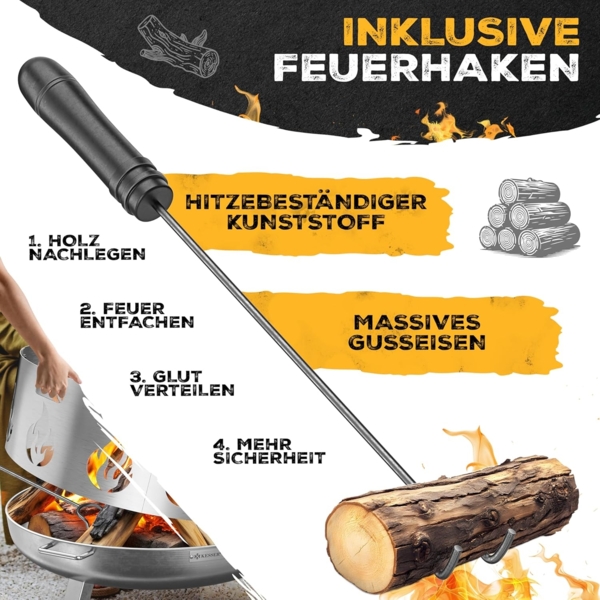 KESSER® Feuerschale mit 2,5 mm Stahldicke Feuerkorb aus Edelstahl / Stahl inklusive 42cm Feuerhaken aus Gusseisen, Wasserablauf & 2 stabile Griffe für Holz & Kohle Feuerstelle für Garten & Terrasse Ø 60 cm, Edelstahl + Funkenschutz Bild 5