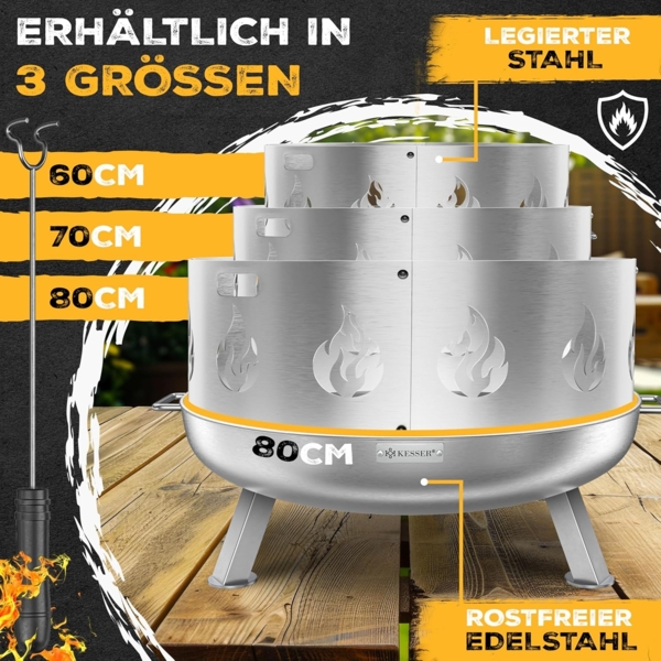 KESSER® Feuerschale mit 2,5 mm Stahldicke Feuerkorb aus Edelstahl / Stahl inklusive 42cm Feuerhaken aus Gusseisen, Wasserablauf & 2 stabile Griffe für Holz & Kohle Feuerstelle für Garten & Terrasse Ø 60 cm, Edelstahl + Funkenschutz Bild 8