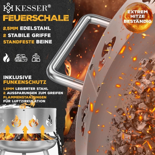 KESSER® Feuerschale mit 2,5 mm Stahldicke Feuerkorb aus Edelstahl / Stahl inklusive 42cm Feuerhaken aus Gusseisen, Wasserablauf & 2 stabile Griffe für Holz & Kohle Feuerstelle für Garten & Terrasse Ø 60 cm, Edelstahl + Funkenschutz Bild 2