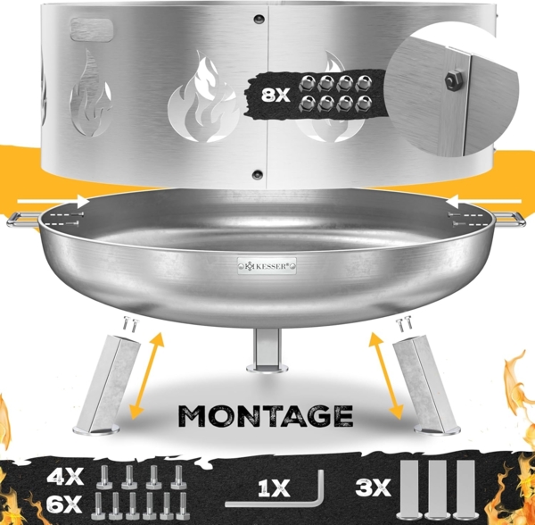 KESSER® Feuerschale mit 2,5 mm Stahldicke Feuerkorb aus Edelstahl / Stahl inklusive 42cm Feuerhaken aus Gusseisen, Wasserablauf & 2 stabile Griffe für Holz & Kohle Feuerstelle für Garten & Terrasse Ø 60 cm, Edelstahl + Funkenschutz Bild 7
