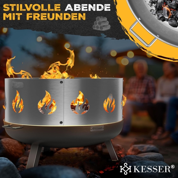 KESSER® Feuerschale mit 2,5 mm Stahldicke Feuerkorb aus Edelstahl / Stahl inklusive 42cm Feuerhaken aus Gusseisen, Wasserablauf & 2 stabile Griffe für Holz & Kohle Feuerstelle für Garten & Terrasse Ø 60 cm, Edelstahl + Funkenschutz Bild 9