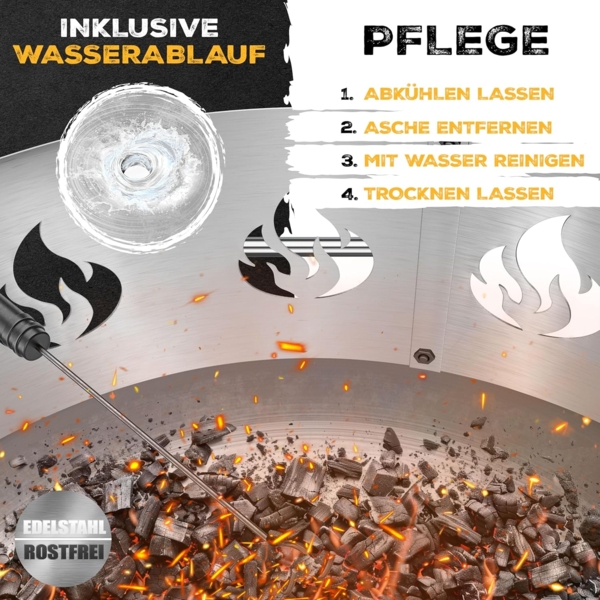 KESSER® Feuerschale mit 2,5 mm Stahldicke Feuerkorb aus Edelstahl / Stahl inklusive 42cm Feuerhaken aus Gusseisen, Wasserablauf & 2 stabile Griffe für Holz & Kohle Feuerstelle für Garten & Terrasse Ø 60 cm, Edelstahl + Funkenschutz Bild 6