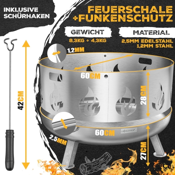 KESSER® Feuerschale mit 2,5 mm Stahldicke Feuerkorb aus Edelstahl / Stahl inklusive 42cm Feuerhaken aus Gusseisen, Wasserablauf & 2 stabile Griffe für Holz & Kohle Feuerstelle für Garten & Terrasse Ø 60 cm, Edelstahl + Funkenschutz Bild 3