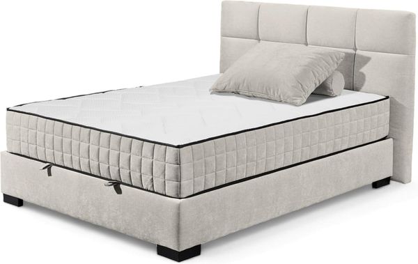 NAGOL A Boxbett 120x200, Denim - Bequemes Bett mit Bettkasten und Premium 9-Zonen-Federkern Wendematratze - 145 x 114 x 214 cm (B/H/T)