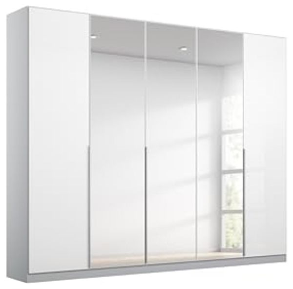 Rauch Möbel Alabama, Kleiderschrank für Schlafzimmer, Kinderzimmer, Wohnzimmer, Garderobe, Flur, 5-türig, Spiegel, mit Zubehör Classic, Farbe Hochglanz Weiß/Seidengrau, Breite 226 cm