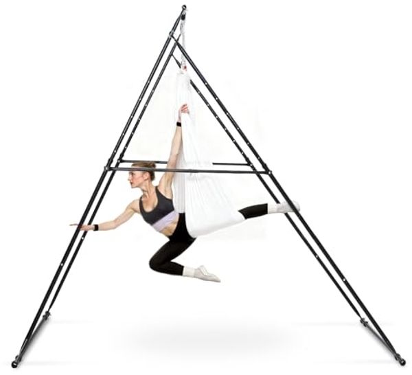 VEVOR Aerial Yogarahmen Schaukelständer mit 6 m Langer Yoga-Hängematte (Weiß) & max. 200 kg Tragkraft & dreieckiger Struktur & Eva-Schaum, 4-stufige horizontale & 6-stufige vertikale Einstellung