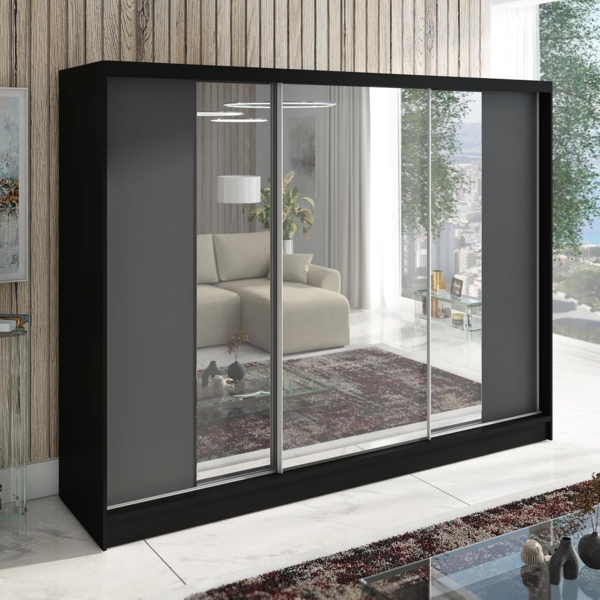 Schwebetürenschrank VENA 3-türig Schrank 200 cm (mit Spiegel) Farbe: Schwarz , Graphit