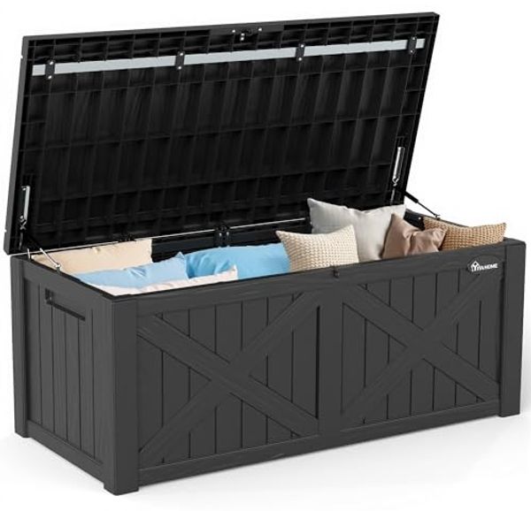 YITAHOME Große Aufbewahrungsbank 450 Liter mit X-Front, Wetterfeste Outdoor-Sitzbank, Resin Gartenbox für Terrassenkissen, Poolzubehör, Gartengeräte - Abschließbar,Schwarz