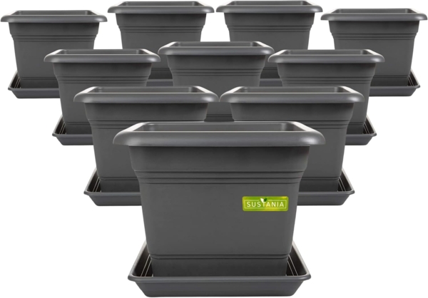 SUSTANIA Blumentopf Pflanzkübel mit Untersetzern (10er Set 28x28x22 cm), Anthrazit Pflanztopf eckig