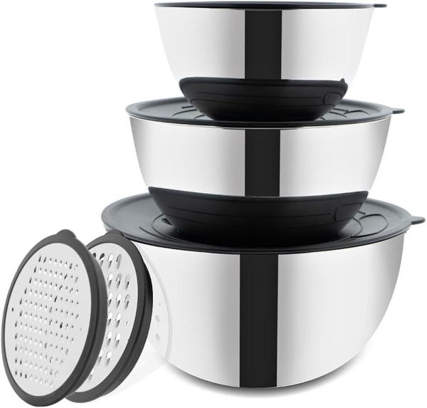 BEM Schüssel Set mit Deckel und Reibe, Edelstahl, (Salatschüssel Teigschüssel Servierschüssel Rührschüssel Metallschüssel, 6-tlg), 3 Größe 1.8L 3.4L 5.5L ineinander stapelbar