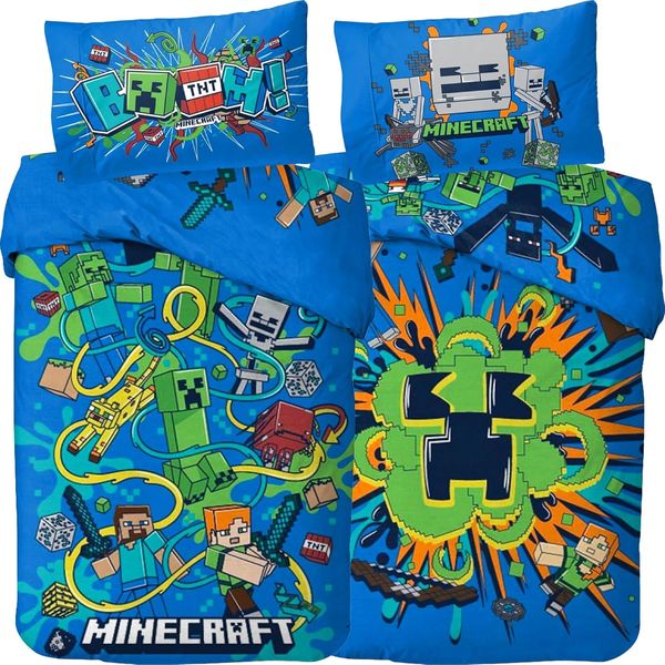 BERONAGE Kinderbettwäsche Minecraft Blast Bettwäsche Linon / Renforcé Bettbezug Gaming Creeper, 100% Baumwolle, 2 teilig, 135x200 + 80x80 cm