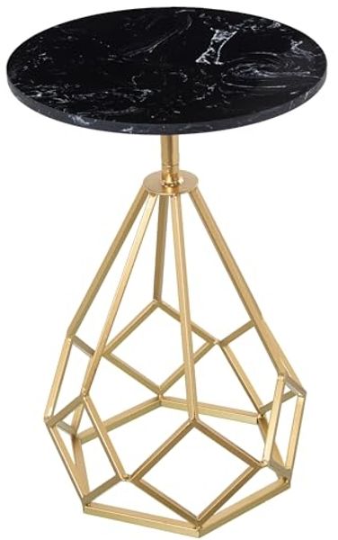 DRW Runder Beistelltisch aus Marmor und Metall in Schwarz und Gold, 38x59 cm