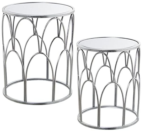 DRW Set mit 2 runden Beistelltischen aus Metall und Spiegel, silberfarben, 42x52 cm und 37x45 cm