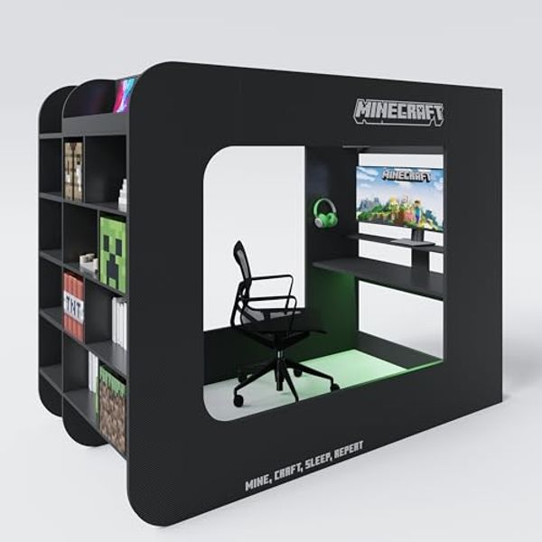 MINECRAFT - Kojenbett, Hochbett 120x200cm, Gaming Möbel mit dunklem Design und leuchtenden Elementen