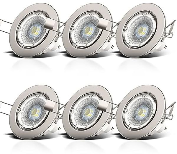 B.K.Licht LED Einbaustrahler 6er SET Einbauleuchten 86mm flach dimmbar Einbaumaß 68mm - 10-04-06-S, Dimmfunktion, LED wechselbar, Warmweiß, 3000K Einbauspots schwenkbar 5,5W 400lm GU10 Leuchtmittel matt-Nickel