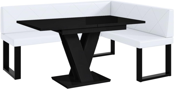 MEBLINI Eckbank für Esszimmer mit ausziehbarem Tisch - Küchenbank - Essecke - Sitzecke Küche - ERIC - U-Beine 128x168x87cm Rechts - Weiß Kunstleder/M Schwarz Hochgl.