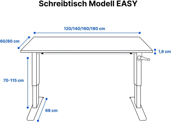 manuell höhenverstellbarer Schreibtisch EASY 160 x 80 cm - Gestell Schwarz, Platte Eiche Bild 3