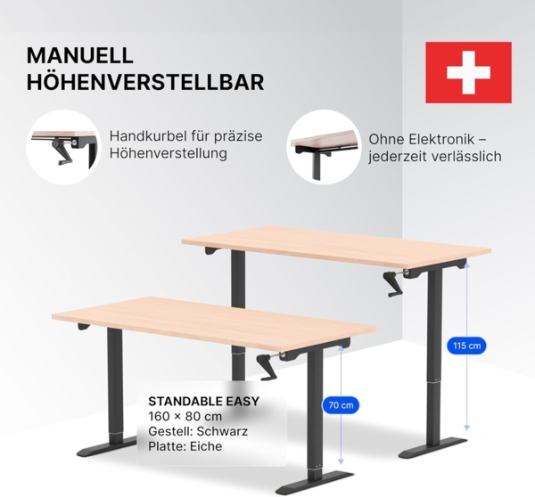 manuell höhenverstellbarer Schreibtisch EASY 160 x 80 cm - Gestell Schwarz, Platte Eiche Bild 4