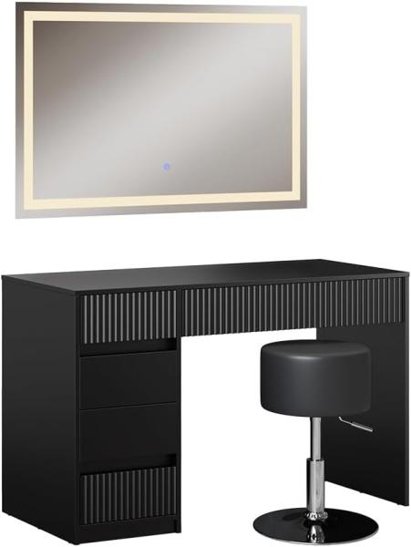 Vicco Schminktisch Omira Schwarz 120 cm mit LED-Spiegel und Hocker