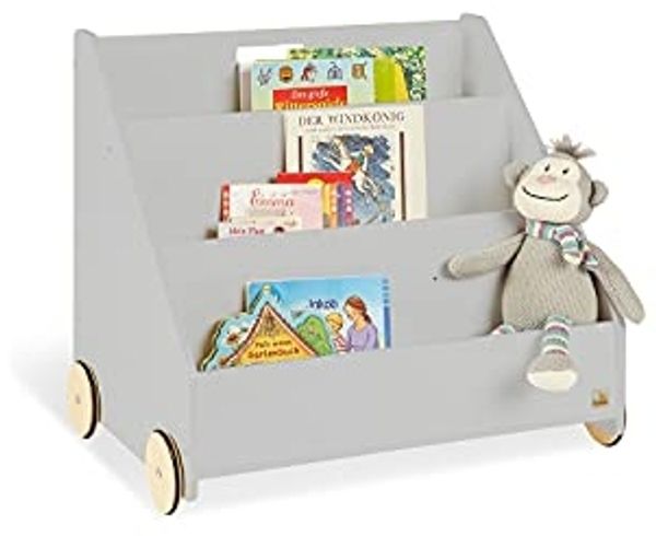 Pinolino 'Lasse' Kinder-Bücherregal, grau, mit gummierten Rollen, 3 Fächern und Geheimfach