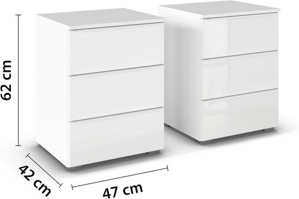 Rauch Möbel Monostar, Nachttisch-Paar für Schlafzimmer, Nachtkommode, Beistelltisch, Nachtkästchen, Kommode, 3 Schubkästen,mit Glasfront, Farbe Glas weiß/Alpinweiß, 47 x 62 x 43 cm Bild 2