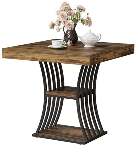 LITTLE TREE 31,5-Zoll-Quadratischer Esstisch für 2 Personen, 2-stufiger Küchentisch im Industriestil mit Stauraum, Metallgestell für Esszimmer, Wohnzimmer, kleine Räume (Braun und Schwarz)