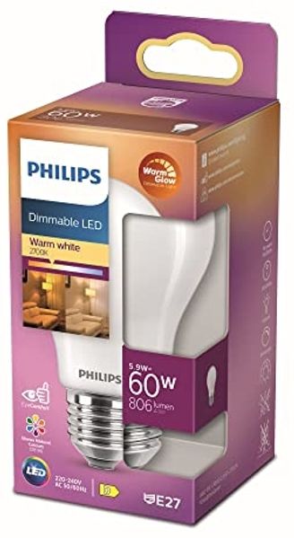 Philips LED Classic E27 WarmGlow Lampe, 60 W, Tropfenform, dimmbar, matt, warmweiß, Weiß