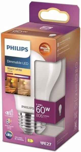 Philips LED Classic E27 WarmGlow Lampe, 60 W, Tropfenform, dimmbar, matt, warmweiß, Weiß