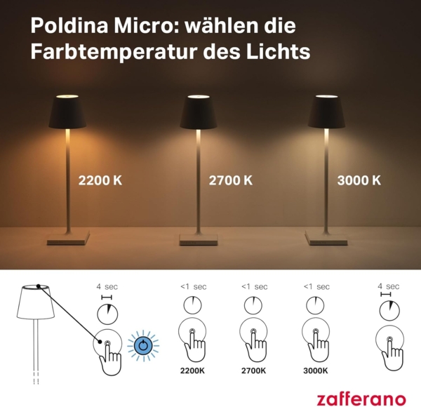 Zafferano, Poldina Micro Lampe mit Glänzendem Chrom-Finish, Kabellose, Wiederaufladbare Tischlampe mit Touch Control, Geeignet für den Innenbereich, Dimmer, 2200-3000 K, Höhe 27,5 cm Bild 7