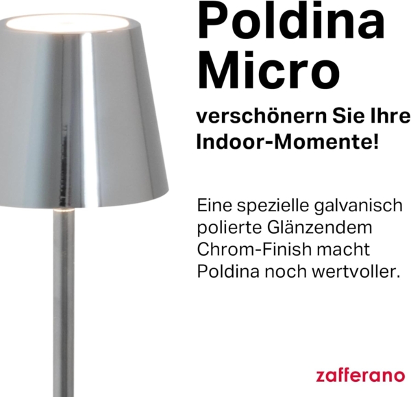Zafferano, Poldina Micro Lampe mit Glänzendem Chrom-Finish, Kabellose, Wiederaufladbare Tischlampe mit Touch Control, Geeignet für den Innenbereich, Dimmer, 2200-3000 K, Höhe 27,5 cm Bild 3