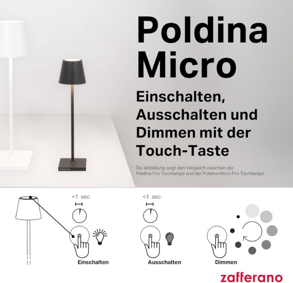 Zafferano, Poldina Micro Lampe mit Glänzendem Chrom-Finish, Kabellose, Wiederaufladbare Tischlampe mit Touch Control, Geeignet für den Innenbereich, Dimmer, 2200-3000 K, Höhe 27,5 cm Bild 6