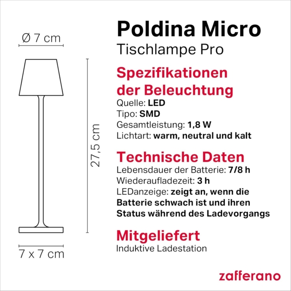Zafferano, Poldina Micro Lampe mit Glänzendem Chrom-Finish, Kabellose, Wiederaufladbare Tischlampe mit Touch Control, Geeignet für den Innenbereich, Dimmer, 2200-3000 K, Höhe 27,5 cm Bild 4