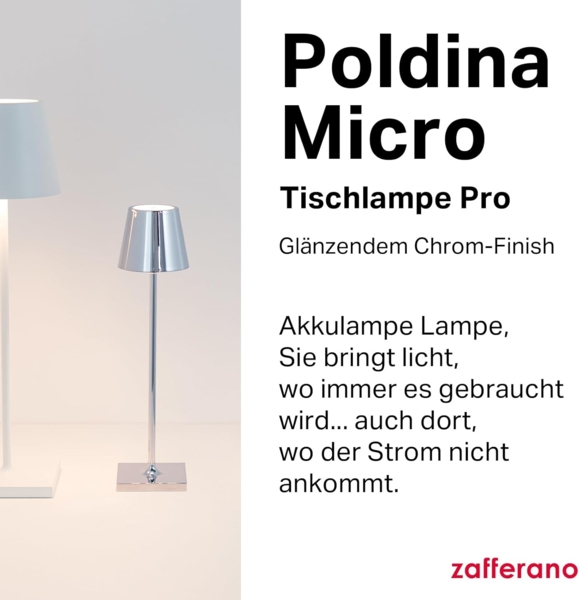 Zafferano, Poldina Micro Lampe mit Glänzendem Chrom-Finish, Kabellose, Wiederaufladbare Tischlampe mit Touch Control, Geeignet für den Innenbereich, Dimmer, 2200-3000 K, Höhe 27,5 cm Bild 2