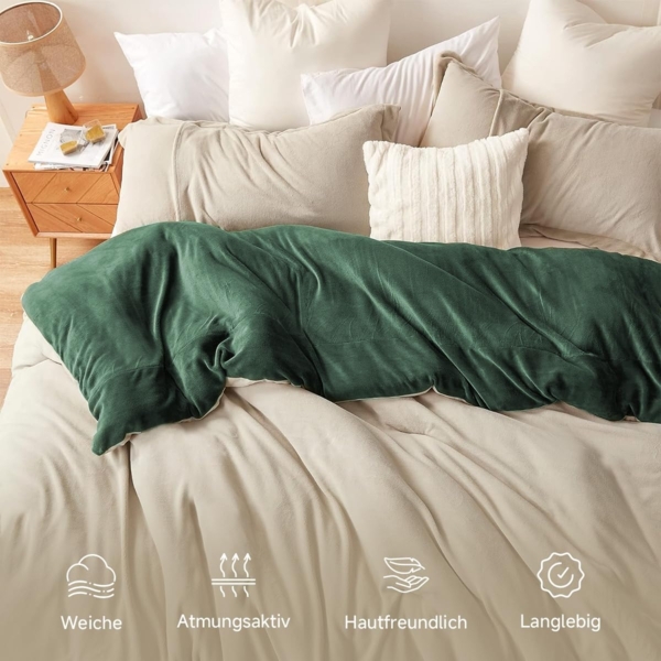 Lanqinglv Flauschig Bettwäsche 135x200 cm Grün Beige Winter Plüsch Flanell Fleece Wendebettwäsche Set Warme Cashmere Touch Biber Bettbezug mit Reißverschluss und 1 Kissenbezug 80x80 cm Bild 4