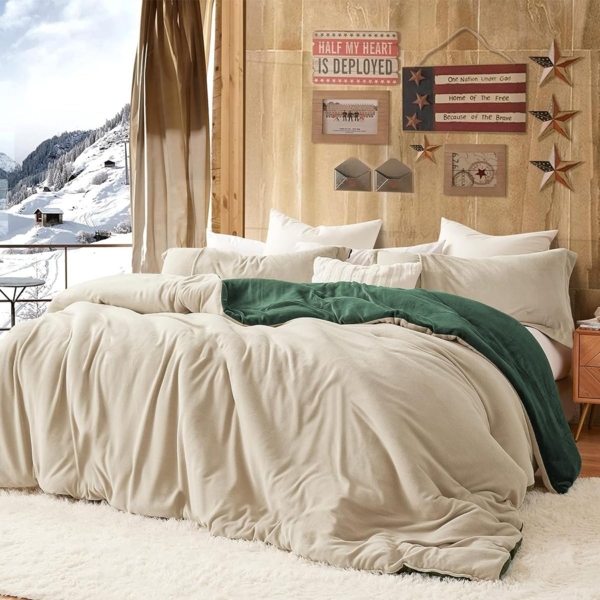 Lanqinglv Flauschig Bettwäsche 135x200 cm Grün Beige Winter Plüsch Flanell Fleece Wendebettwäsche Set Warme Cashmere Touch Biber Bettbezug mit Reißverschluss und 1 Kissenbezug 80x80 cm Bild 2