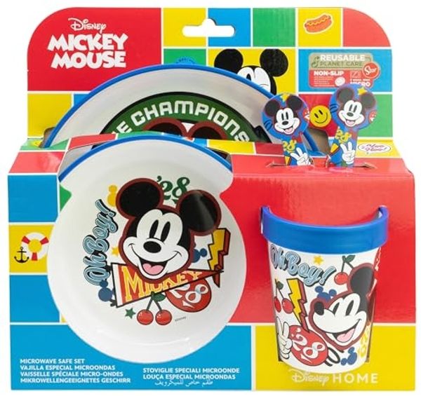 Disney Mickey Mouse Kindergeschirr Set 5-teilig Rutschfestes Ess-Set mit Teller, Schüssel, Becher & Besteck