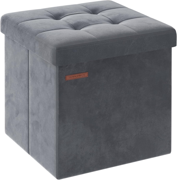 Songmics Sitzbank mit Stauraum aus Samt, klappbare Sitztruhe, Aufbewahrungsbox mit Deckel, Fußbank, 38 x 38 x 38 cm, bis 300 kg belastbar, für Flur, Wohnzimmer, Schlafzimmer, schiefergrau LSFDE227G01
