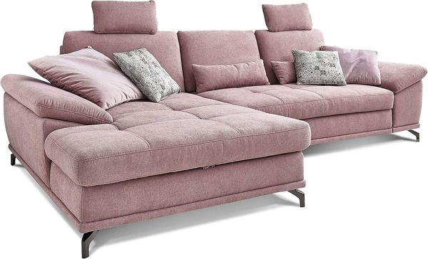 Cavadore L-Form-Sofa Castiel mit Federkern / Großes Schlafsofa mit Bettfunktion, Sitztiefenverstellung, Kopfstützen und XL-Longchair / 312 x 114 x 173 / Webstoff, Flieder-Rosa